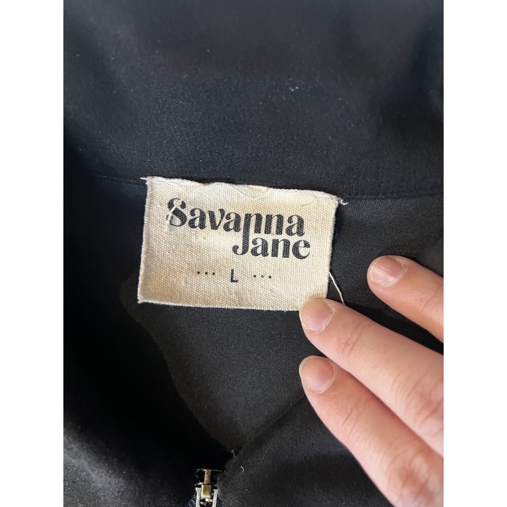 Savannah Jane Black Sued Fring Zip Up Jacket Floral Embroidery Boho Womens Large - Picture 4 of 8